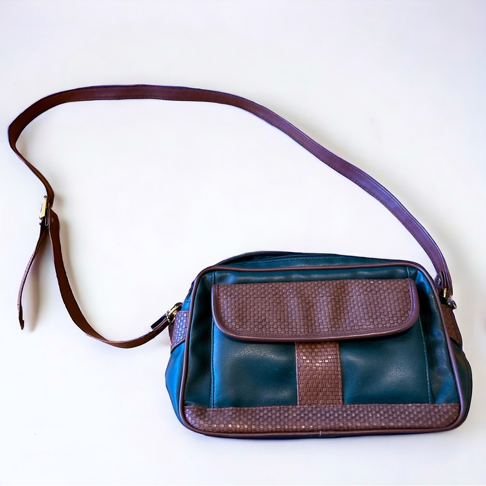 Hunter Green & Brown bag with faux weave accents crossbody handbag